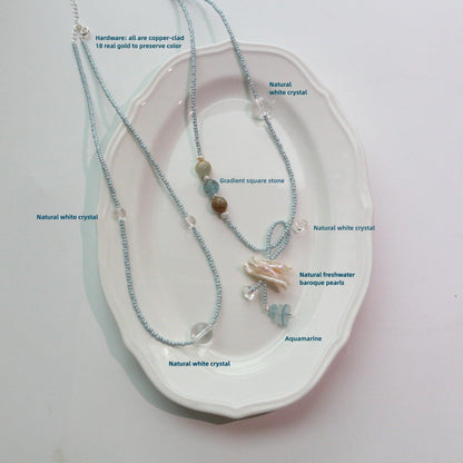 New Chinese Style White Crystal Pendant Necklace with Gradient Fluorite, Aquamarine Beads, Freshwater Pearl Choker