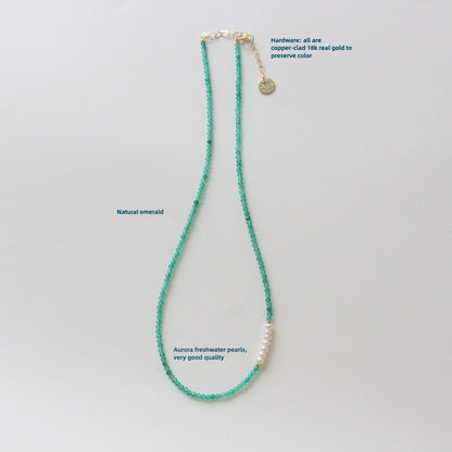 Natural Stone Necklace with Green Gemstone Beads and Freshwater Aurora Pearls