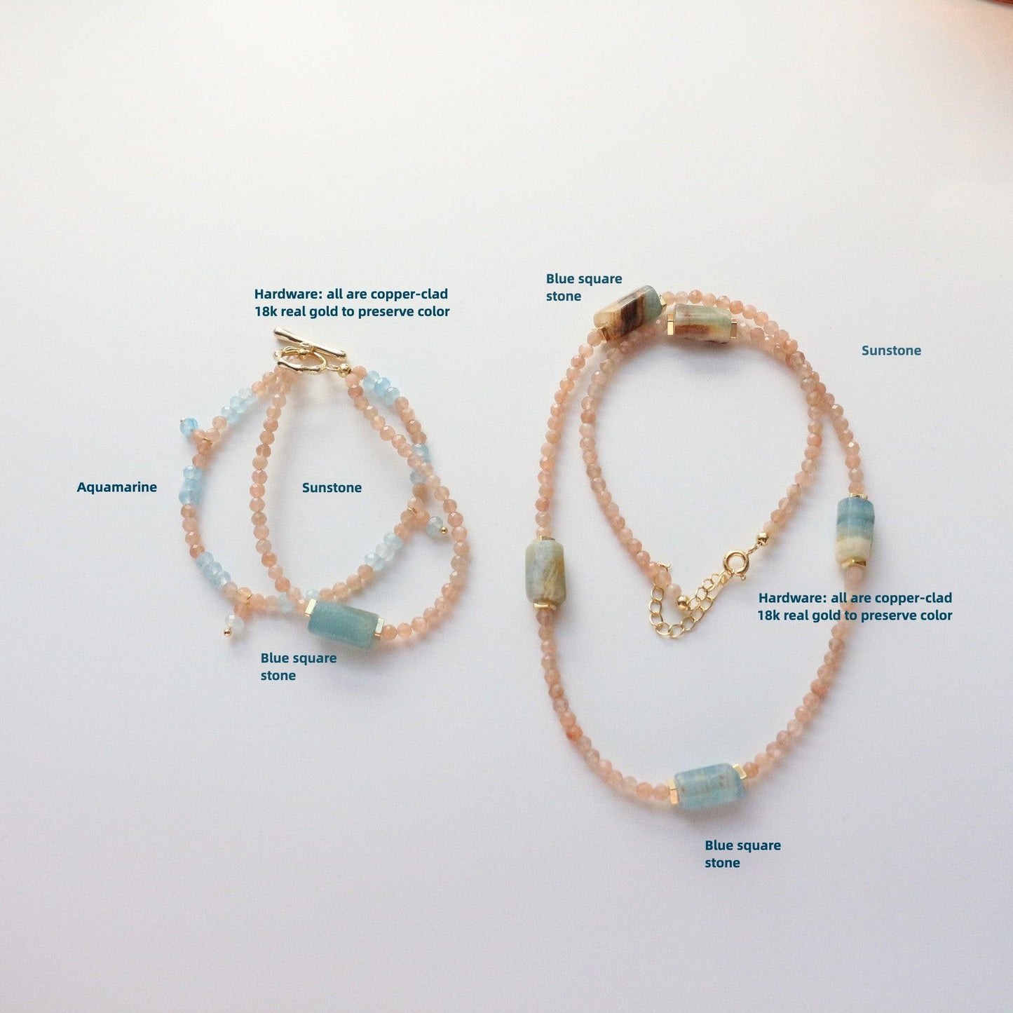 Aquamarine Blue Calcite & Sunstone Double Layers Necklace & Bracelet – Natural Stone Beaded Jewelry