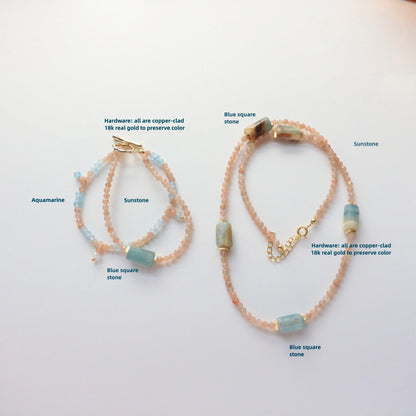 Aquamarine Blue Calcite & Sunstone Double Layers Necklace & Bracelet – Natural Stone Beaded Jewelry