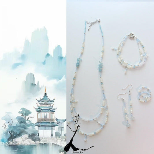 Shimmering Bliss – Light Blue Aquamarine Fragment & Natural Shell White Crystal Double Layer Necklace, Beaded Bracelet, Earrings & Ring Set