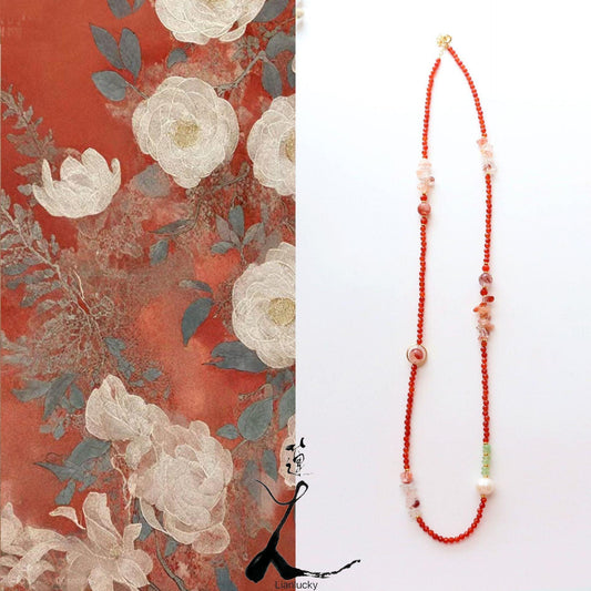 Red Agate Beaded & Freshwater Pearl Long Sweater Necklace – Elegant Natural Stone Jewelry