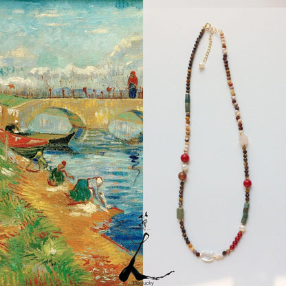 Tiger Eye Stone, Egg Yolk Stone, Coral Beads, White Shell Necklace with Cat Red & Green Oil Painting Texture Collarbone Chain