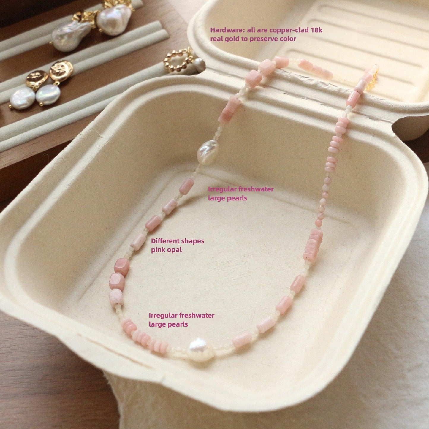 Niche Vintage Natural Stone Beaded Necklace – Handmade Pink Opal & Freshwater Pearls, Original Design