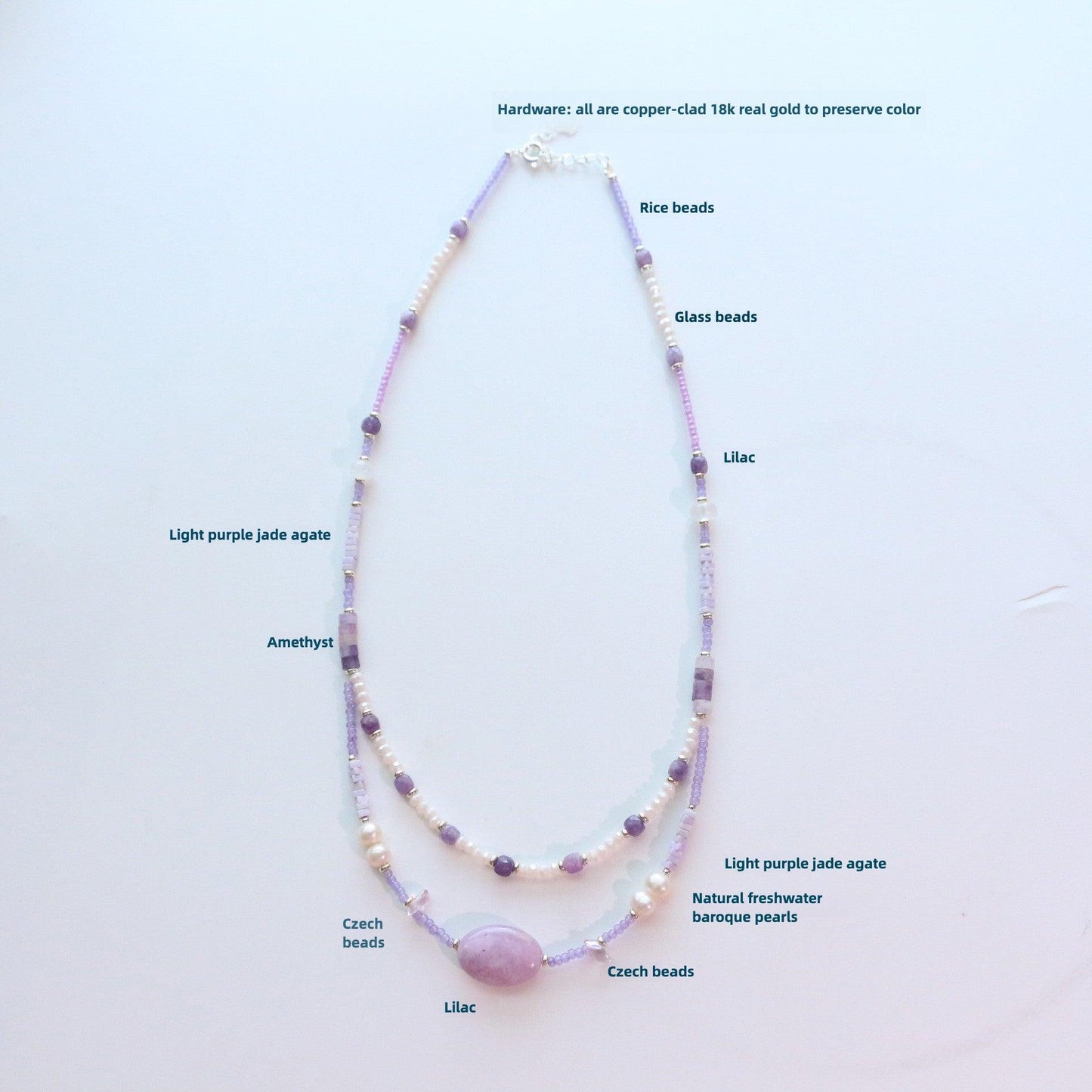 Purple Crystal Jade Agate Natural Stone Necklace – Handmade Beaded Double Layer Necklace with Pearl, Sweater Chain & Collarbone Chain