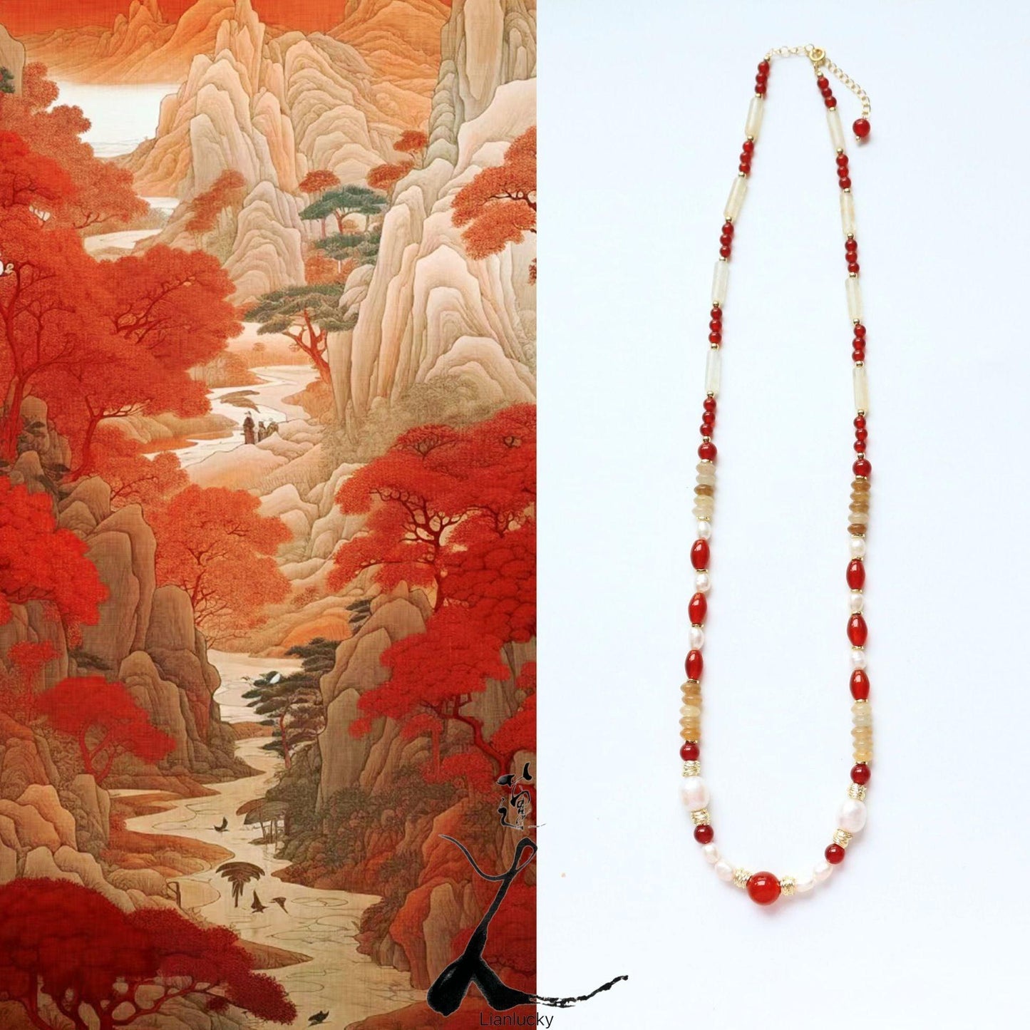 7A Grade Red Agate Yellow East Amber Freshwater Pearl Dunhuang Sweater Chain - Unique Creative Beaded Necklace