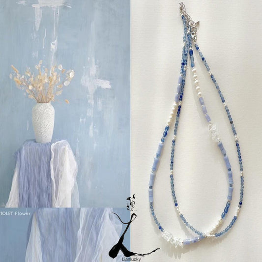 Light Blue Natural Stone Beaded Necklace Handmade Original Niche Jewelry Ink Wind Necklace