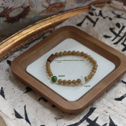 New arrivals Sugar Material Hetian Jade Bracelet with Natural Wood Beads | Vintage Style