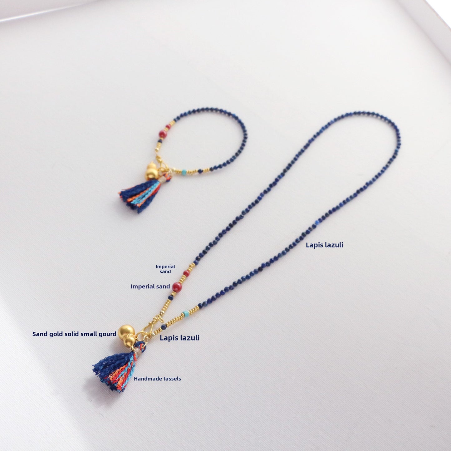 Vintage Lapis Lazuli String Minimalist Sand Gold Gourd Handmade Tassel Necklace