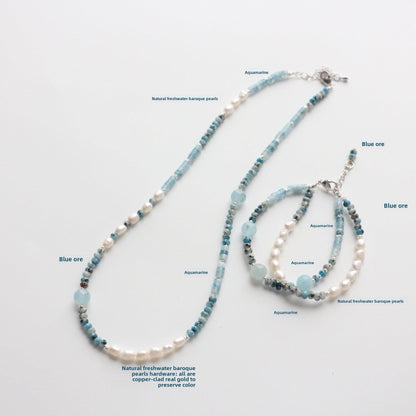 Aquamarine Blue Ore Beaded Necklace & Freshwater Baroque Pearl Bracelet Set | Short Necklace