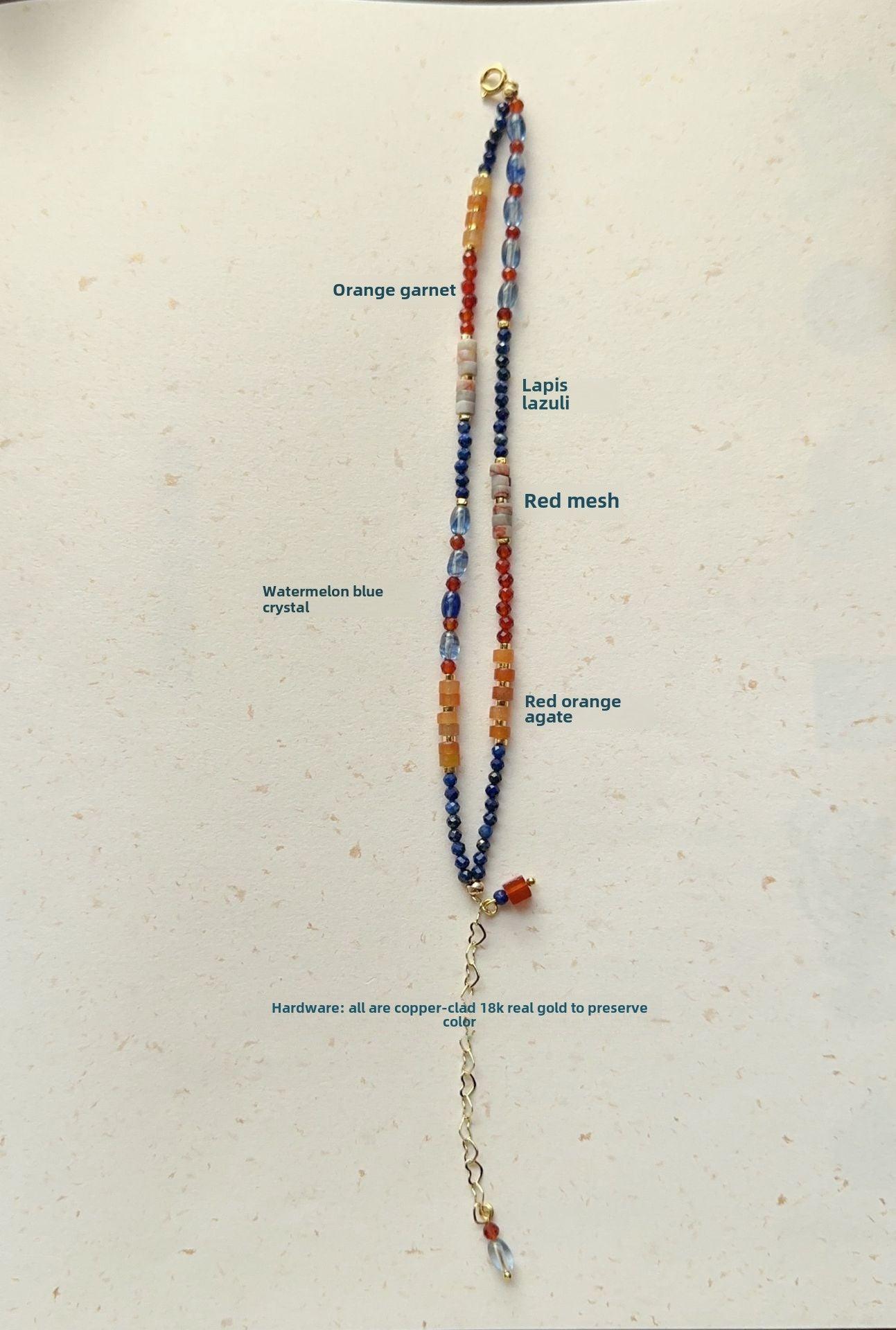 Dunhuang Series Orange Garnet, Lapis Lazuli & Blue Crystal Double Layer Ink-Wash Style Bracelet & Necklace – Natural Stone Beaded Jewelry