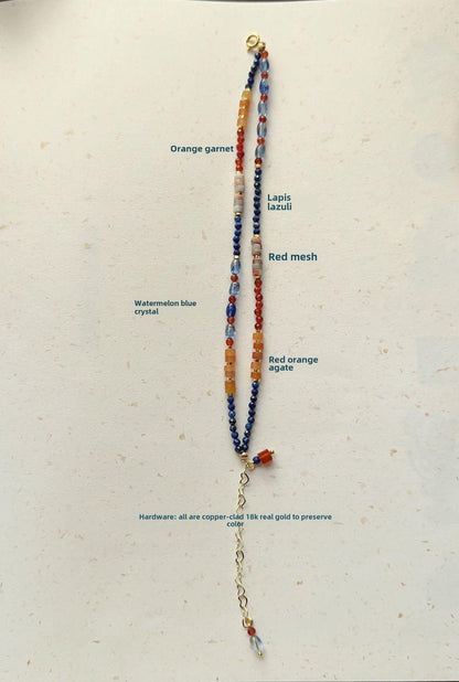 Dunhuang Series Orange Garnet, Lapis Lazuli & Blue Crystal Double Layer Ink-Wash Style Bracelet & Necklace – Natural Stone Beaded Jewelry