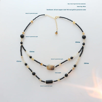 7A Grade Natural Black Onyx & Citrine Double Layer Beaded Necklace – Elegant Collarbone Chain Jewelry