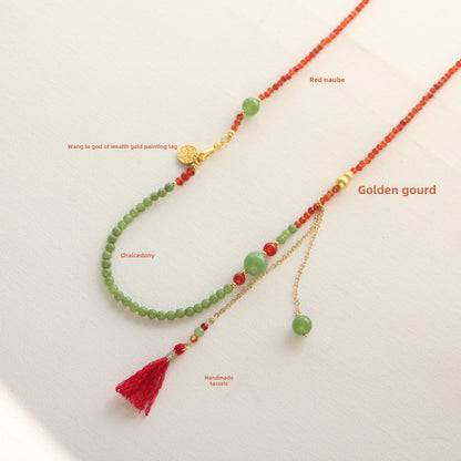 Beaded Necklace with Contrasting Red Agate and Green Chalcedony Tassels - Fringed Lapel Necklace